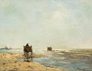 Sunny landscape with lake and figures